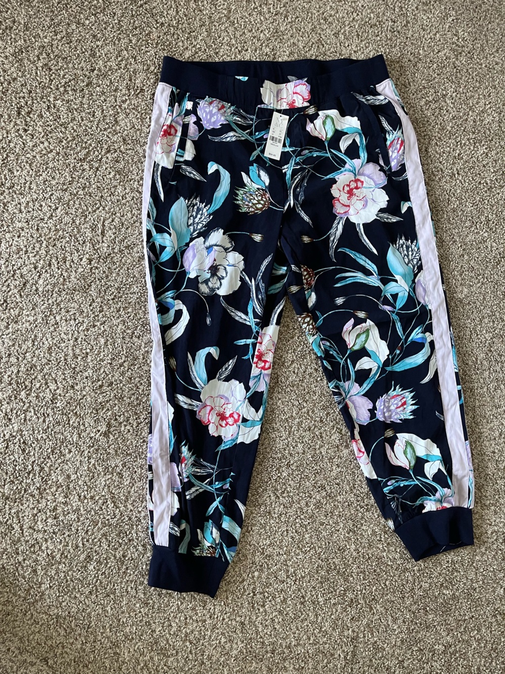 New York & Company Navy Floral Jogger Pants with Pink Side Stripes